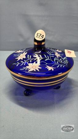 COBALT BLUE FLORAL HAND PAINTED FOOTED BOWL