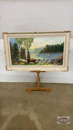 AUTUMN LAKE SCENE OIL PAINTING ON BOARD