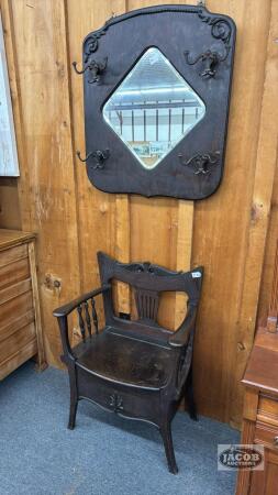 ANTIQUE HALL SEAT WITH STORAGE & BEVELLED MIRROR