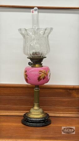 COAL OIL BANQUET LAMP WITH HAND PAINTED FONT