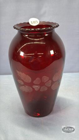 RUBY RED 9IN TALL ETCHED GLASS VASE