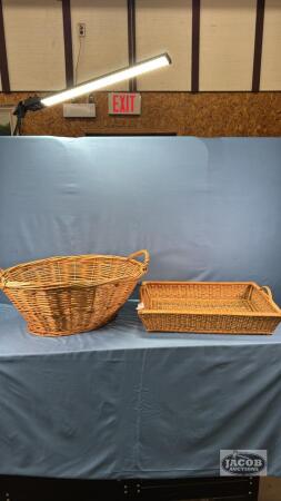 WICKER CLOTHES BASKET & WICKER SERVING TRAY