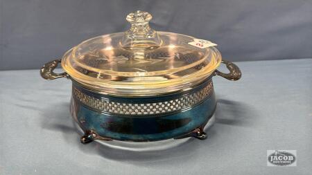 PYREX ETCHED FLOWER CASSEROLE IN STAND