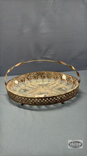 OVAL GLASS RELISH DISH IN METAL FRAME