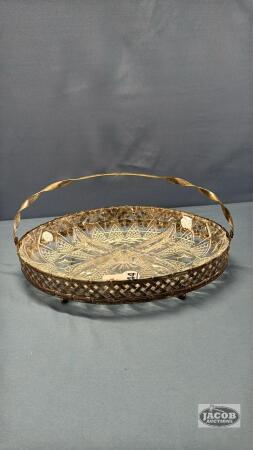 OVAL GLASS RELISH DISH IN METAL FRAME