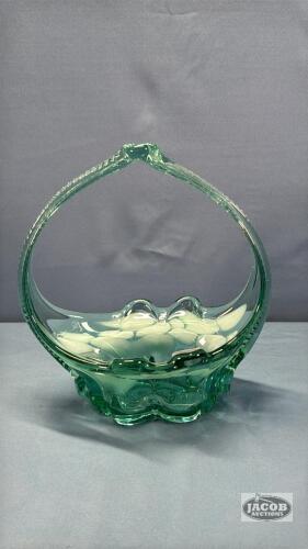 10IN HIGH GREEN FLORAL GLASS BASKET