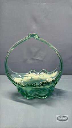 10IN HIGH GREEN FLORAL GLASS BASKET