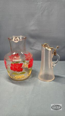 VINTAGE 7" TALL PITCHER & 8" TALL FLOWERED VASE