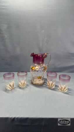 ENAMELED 9IN PITCHER AND (4) 4IN GLASSES