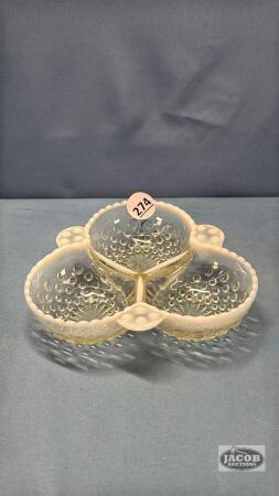 WHITE HOBNAIL OPALESCENT DIVIDED CANDY BOWL