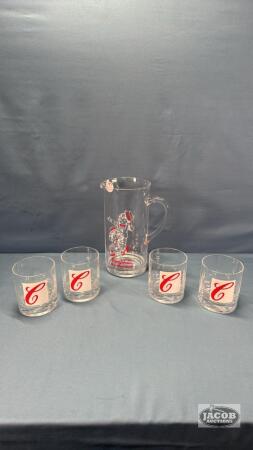 CAMPBELL SOUPS ACRYLIC 9IN PITCHER &(4) 4IN TUMBLERS