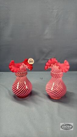 (2) 6IN CRANBERRY SWIRL FLUTED VASES