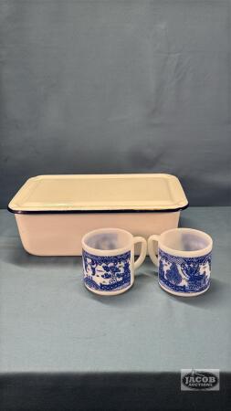 12IN LONG ENAMELED PAN & (2) FIRE KING MUGS