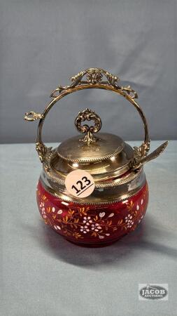 CRANBERRY ENAMELED JAM BOWL W/ SILVER PLATE TRIM