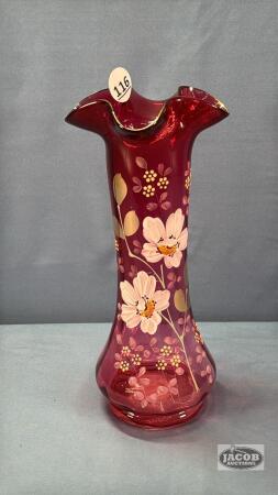 CRANBERRY ENAMELED 10IN TALL VASE