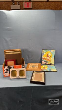 APPROX. 12 PICTURE FRAMES & (2) SPONGE BOB PLAQUES