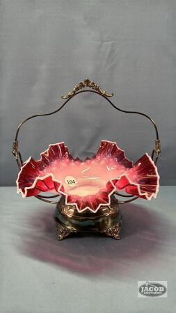 CRANBERRY /MILK GLASS BRIDES BASKET