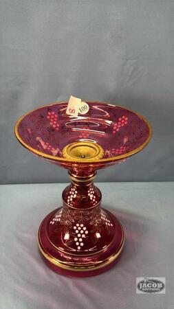 ORNATE CRANBERRY PEDESTAL BOWL