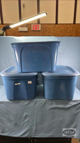 (3) TUFF STORE 63L TOTES - ONLY 2 LIDS