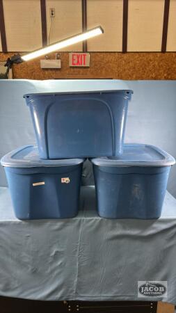 (3) TUFF STORE 63L TOTES - ONLY 2 LIDS