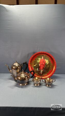 4 PC SILVER PLATE TEA SET WITH 12.5IN TIN TRAY