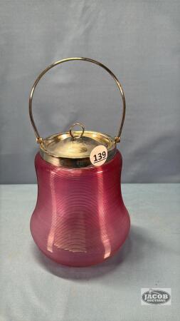 ROSINA GLASS BISCUIT BARREL WITH SILVER PLATE TRIM