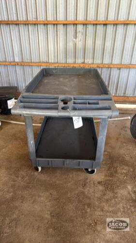 (1) PLASTIC FOUR WHEELED CART WITH TWO SHELVES 46IN X 25IN X 33IN TALL