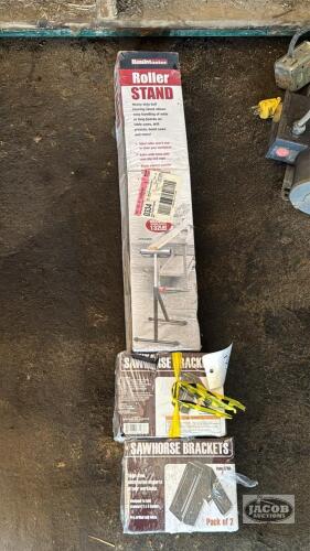 (4) SAWHORSE BRACKETS WITH A HALL MASTER ROLLER STAND ALL NEW IN BOXES