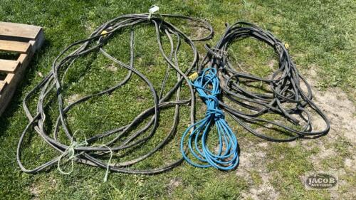 (3) CORDS WITH 230VOLT CORD ENDS. OUTER INSULATION ON ONE IS WORN THROUGH