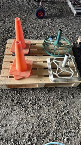 LOT OF PYLONS AND CAST UMBRELLA STANDS