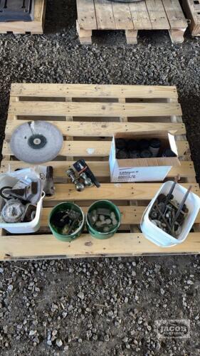 LOT OF AGCO LITHIUM GREASE. BOLTS AND HARDWARE, AND TRAILER BALLS
