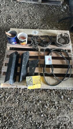 LOT OF PLOW PARTS, ROLLER CHAIN, BELTS, AND MISC.
