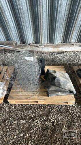 LOT OF CHICKEN WIRE, TARP, AND POST BASES