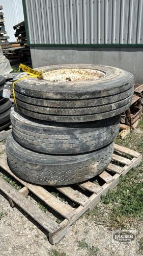 (3) ASSORTED 11R22.5 TIRES ON RUSTY RIMS