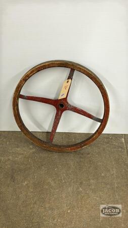 VINTAGE 18IN STEERING WHEEL WITH WOODEN RIM