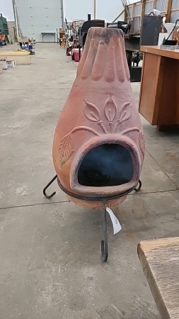 Clay Chimnea in Wrought Iron Stand