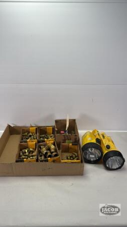 QUANTITY OF BRASS FITTINGS AND (2) FLASH LIGHTS