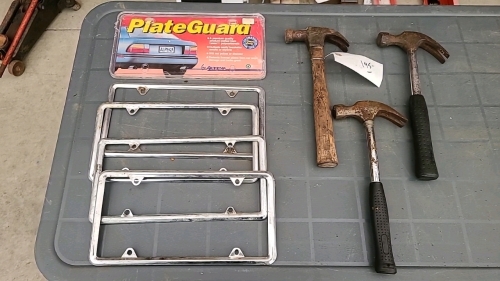 3 Claw Hammers and Lot of License Plate Frames