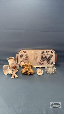 (3) ANGEL FIGURINES AND (2) GLASS CANDLE HOLDERS