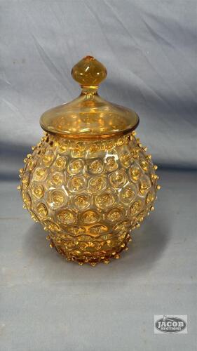 AMBER HOBNAIL DISH WITH LID