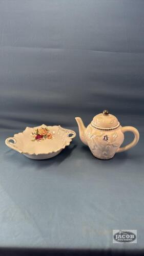 TEA POT AND AN 11IN FLOWERED BOWL
