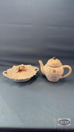 TEA POT AND AN 11IN FLOWERED BOWL