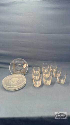 (9) JUICE GLASSES AND (6) PLATES