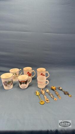 (6)ASSORTED COFFEE CUPS AND (5)SOUVENIR TEA SPOONS