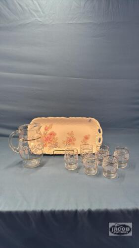 (6) GLASSES AND PITCHER WITH UNMATCHED FLORAL TRAY