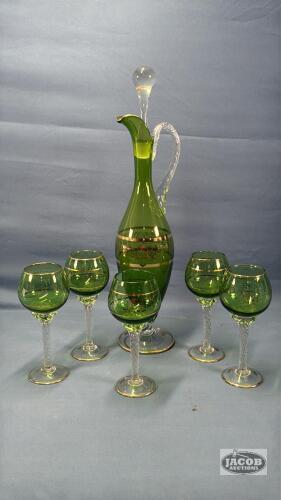GREEN DECANTER WITH (5) MATCHING STEMED GLASSES