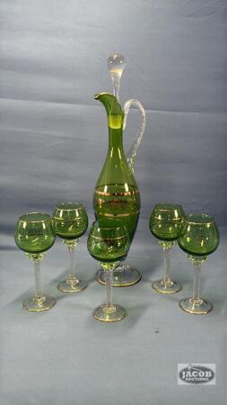 GREEN DECANTER WITH (5) MATCHING STEMED GLASSES
