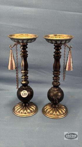(2) WOOD AND METAL CANDLE HOLDERS WITH SNUFFERS