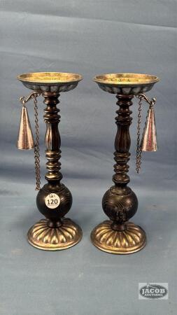 (2) WOOD AND METAL CANDLE HOLDERS WITH SNUFFERS