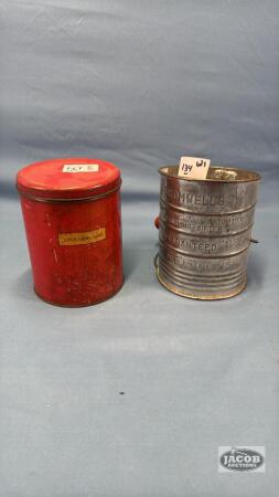 VINTAGE FLOUR SIFTER AND DOMESTIC BRAND TIN